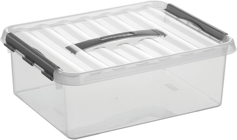 Helit die q-line Aufbewahrungsbox 12 l – mit Tragegriff, Clipverschluss, 400 × 140 × 300 mm, transparent