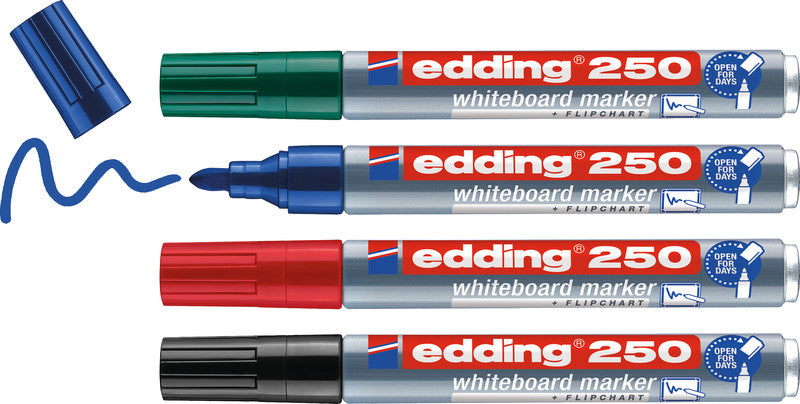Edding Whiteboard-Marker 250 – Rundspitze 1,5-3 mm – Sortiert – 4er-Set – Trocken abwischbar