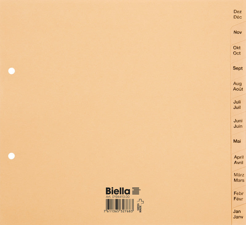Biella Register – teildeckend, 12-teilig, Papier, braun, vorgedruckt, 2-fach gelocht, für A4 hoch