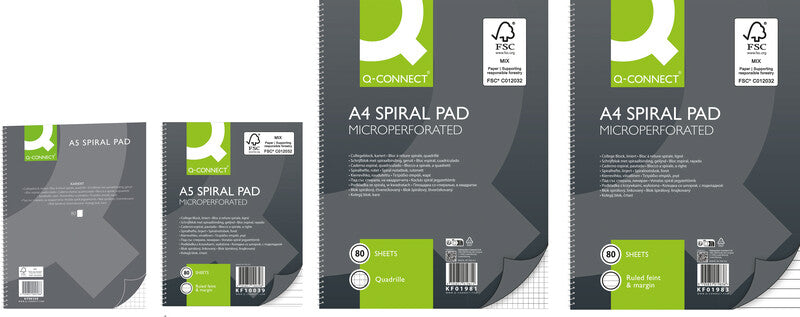 Q-connect Collegeblock, liniert, Spiralbindung, Karton, 80 Blatt, 6-fach gelocht, perforiert, 70 g/m² – grau