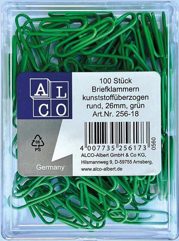 Alco Büroklammern – 26 mm – Metall mit Kunststoffüberzug – grün – 100 Stück
