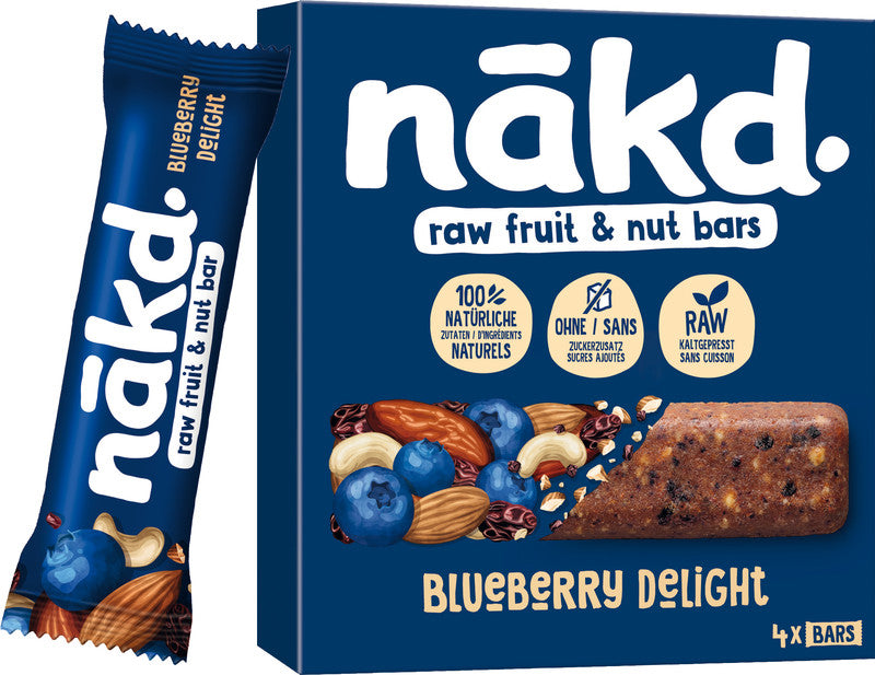Nakd Raw Bars Energieriegel – Blaubeere, vegan, ohne Zuckerzusatz, Schachtel, 4 × 35 g (140 g)