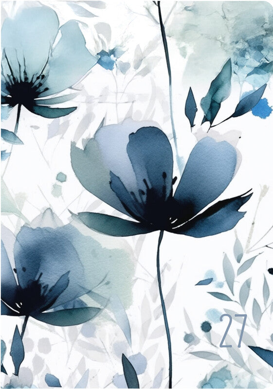 Biella Memento Trend Agenda – 1 Woche/2 Seiten, gebunden, 10,1 × 14,2 cm, Jan–Dez 2027, Blaues Blumenmuster, FSC