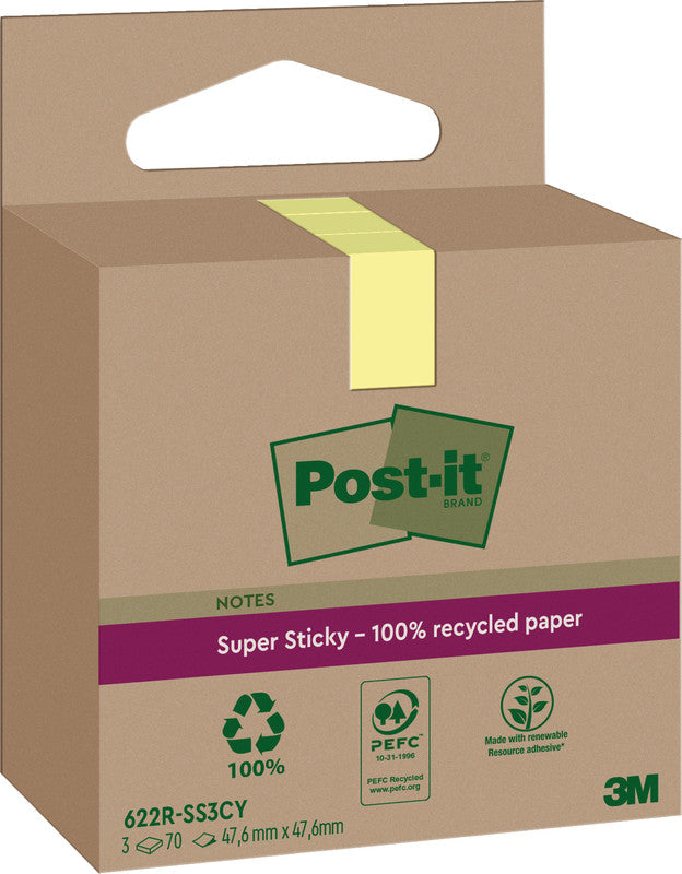 Post-it Haftnotizen Super Sticky – 47,6×47,6 mm – Gelb, 3×70 Blatt, PEFC