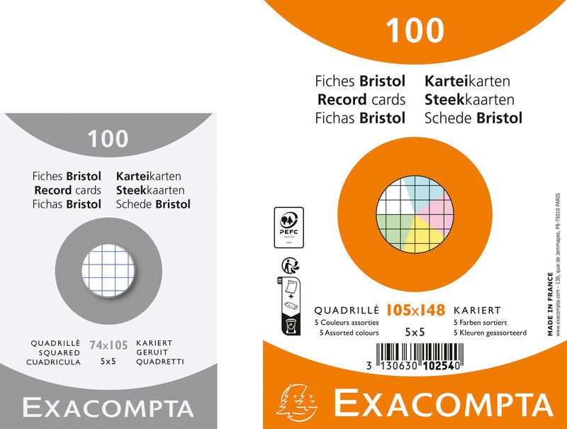 Exacompta Karteikarte A5 quer, kariert, weiss, 205 g/m², Karteikarton – 100 Stück