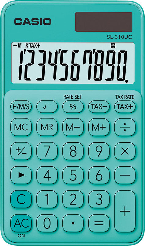 Casio Taschenrechner SL-310UC – 10-stellig, LCD, Prozent/Steuer, Solar + Batterie, grün, 70×118×8 mm