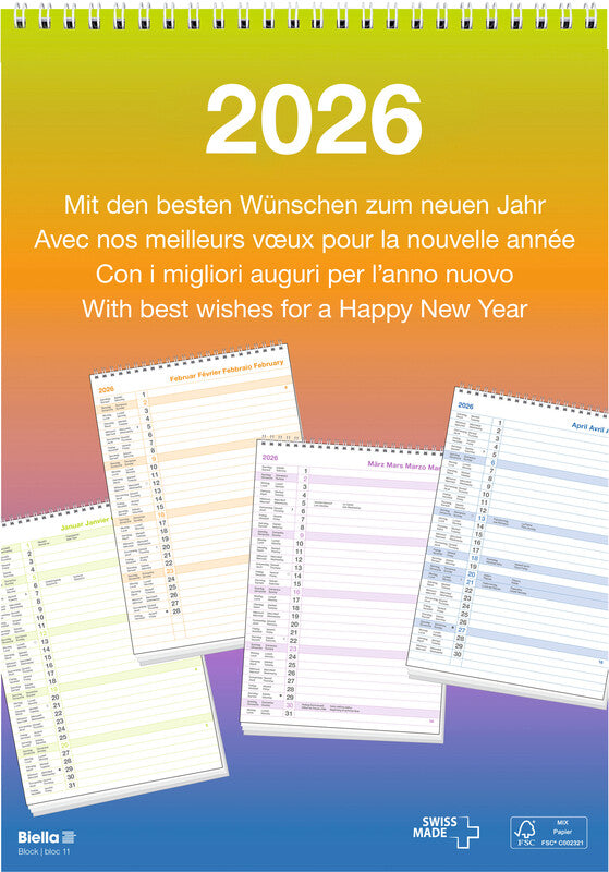 Biella Wandkalender – viersprachig D/F/I/GB – 2026 – Spiralbindung – 21 × 29,7 cm