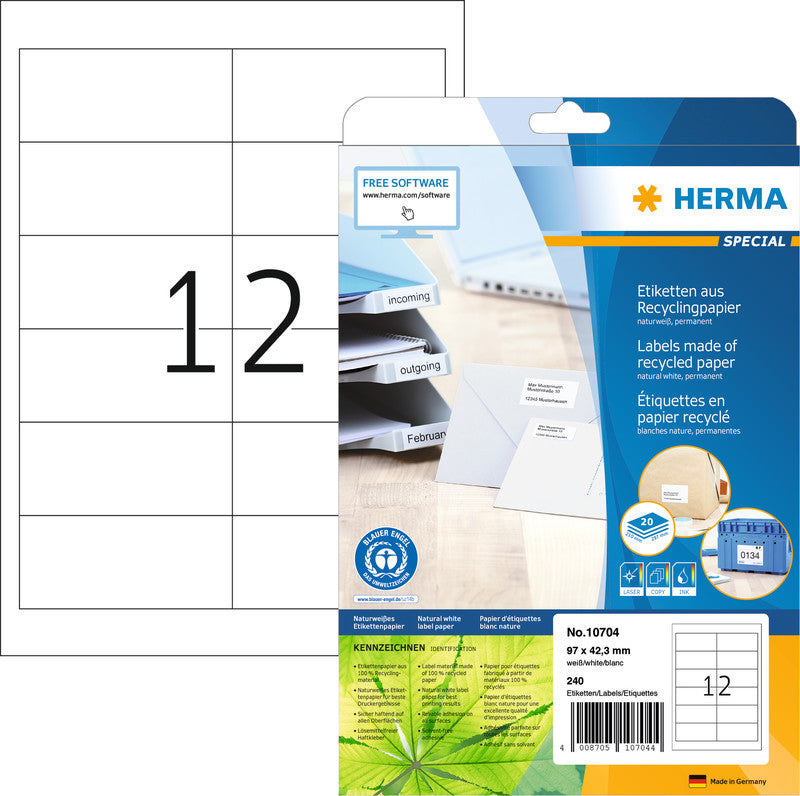 HERMA Bogenetiketten, 97 mm × 42 mm, naturweiss, Altpapier, permanent, 20 Blatt (240 Etiketten)