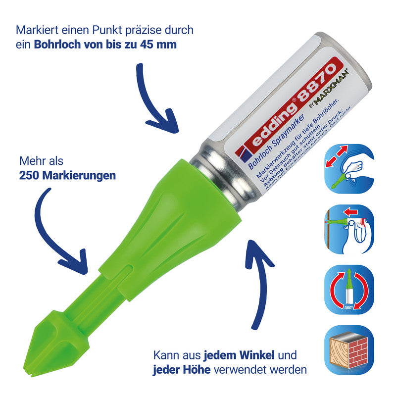 Edding Bohrloch-Spraymarker – für Bohrlöcher 3–13 mm, bis 50 mm Tiefe – neongrün