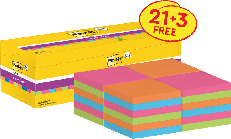 3M Post-it Super Sticky Haftnotizen – 76×76 mm – sortiert, 24×90 Blatt, PEFC