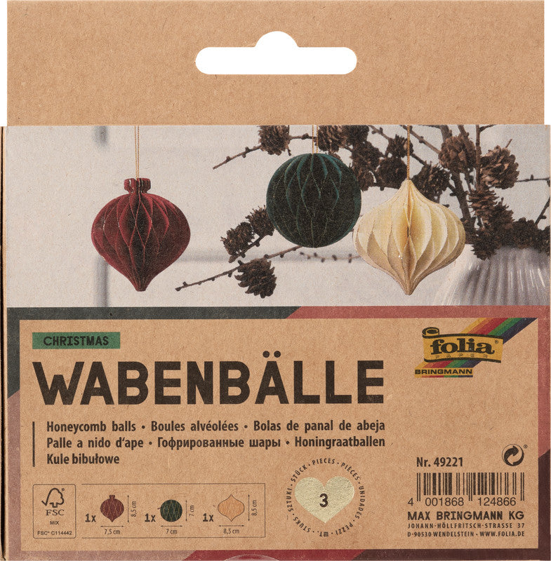 Folia Wabendekor Bälle, Papier, sortiert, Ø 7–8,5 cm, 3er-Set – Weihnachten – FSC, eco:plus