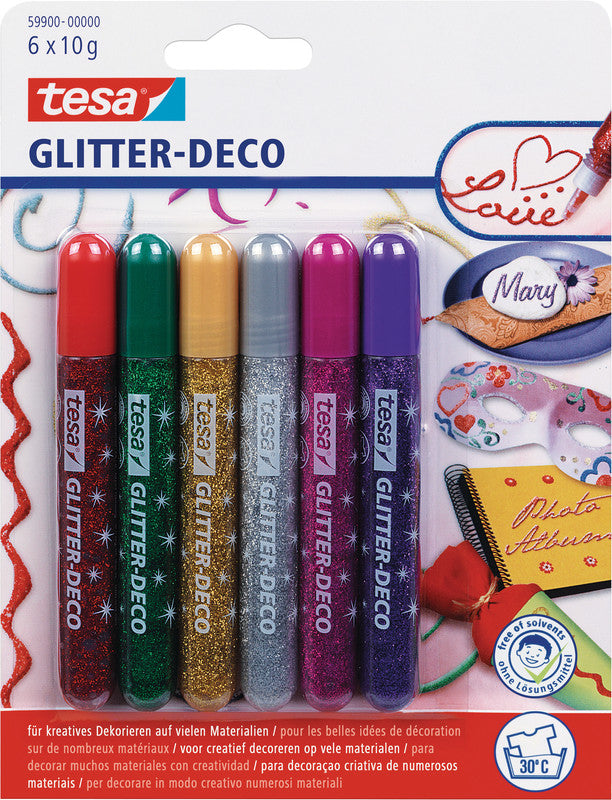 TESA Glitzerkleber – farbig sortiert – Set 6 × 10 g – auswaschbar, lösungsmittelfrei – zum Basteln