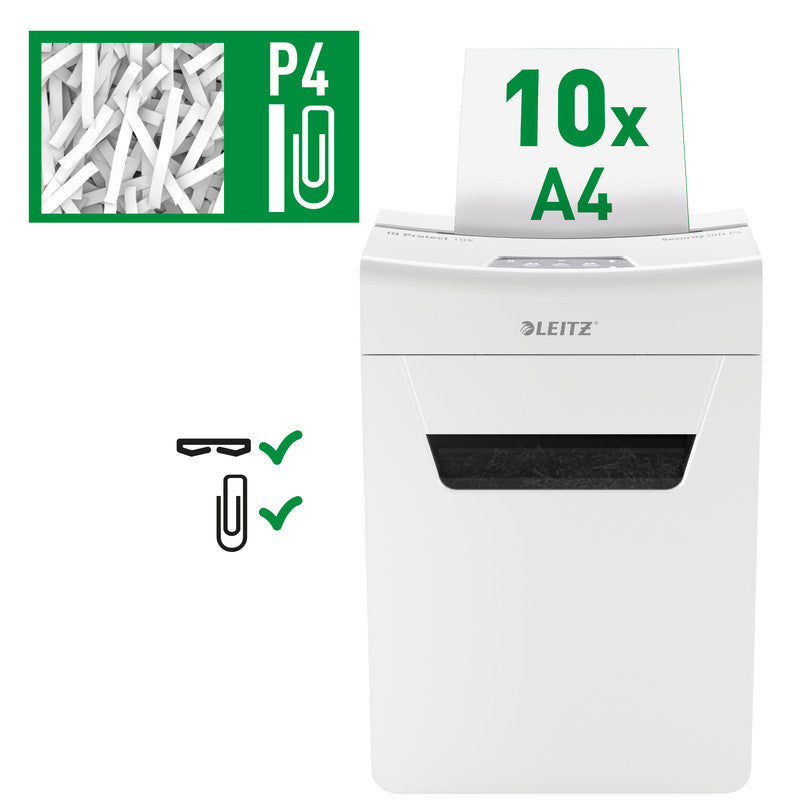 Leitz IQ 10X Protect Premium – Aktenvernichter, DIN P-4, Partikelschnitt 4 × 28 mm, 10 Blatt, 18 l, A4