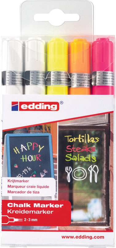 Edding Kreidemarker 4095 – Rund, 2–3 mm – 5er-Set, Farben sortiert (weiss×2, neongelb, …)