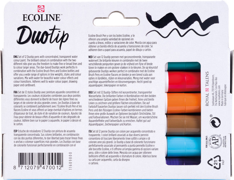 Ecoline Brush Pen Duotip – Keilspitze 6 mm, Rundspitze 1-2 mm – sortiert – 6er-Set – wasservermalbar