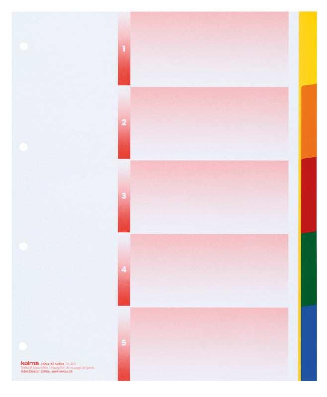KolmaFlex XL Register – A4, 5-teilig, PP, farbig, unbedruckt, mit Indexblatt, 4-fach Lochung