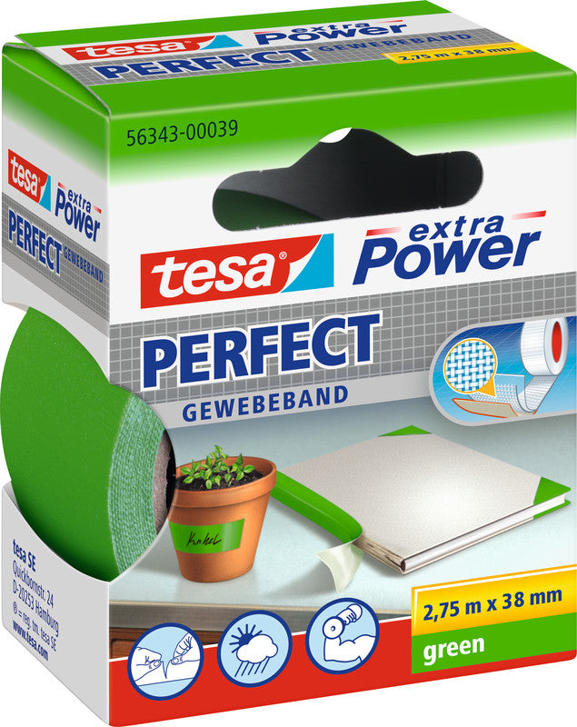 TESA Gewebeband Extra Power Perfect – permanent, strukturiert, 38 mm × 2,75 m, grün, Kern Ø 26 mm