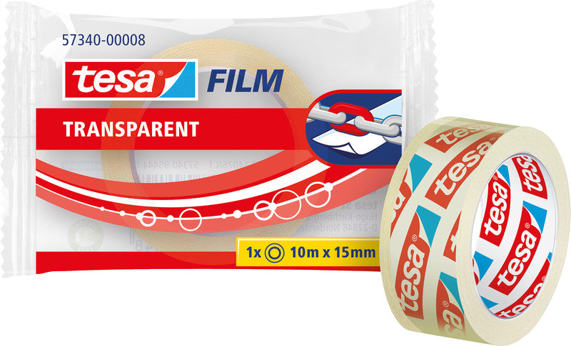 TESA Klebeband – permanent, klar, Kunststoff, 15 mm × 10 m, Kern Ø 26 mm