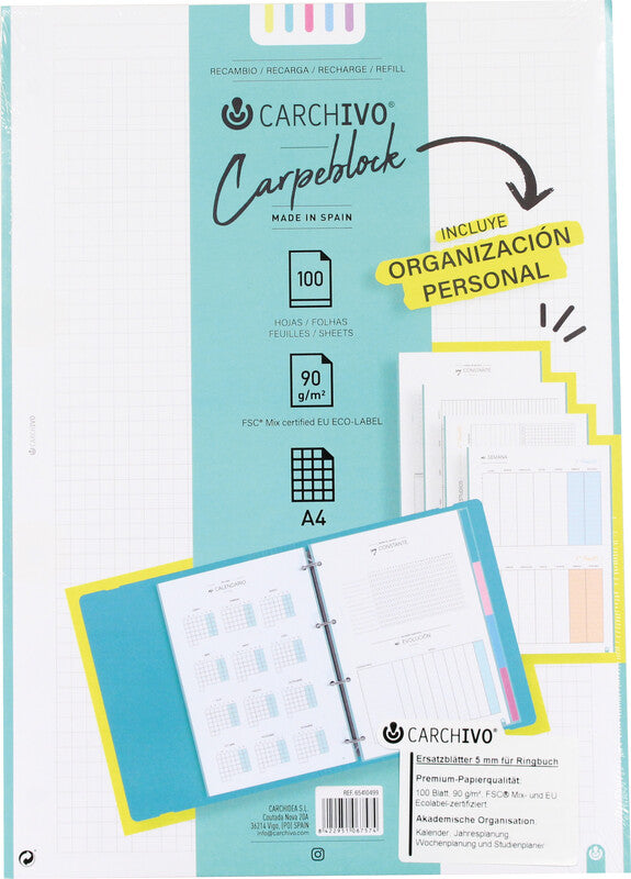 Carchivo Notizbuch-Einlagen A4, 5 mm kariert, 4-fach gelocht, 90 g/m², für Carpeblock 360 – 100 Blatt