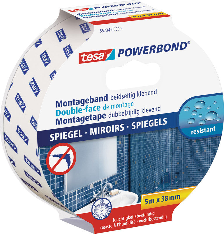 Tesa Montageband Powerbond, extra stark, für Spiegel – 38 mm × 5 m, weiss, bis 5 kg/10 cm