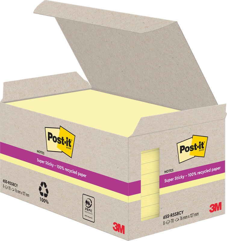 Post-it Haftnotizen Super Sticky – 127×76 mm – gelb, 8×70 Blatt, PEFC