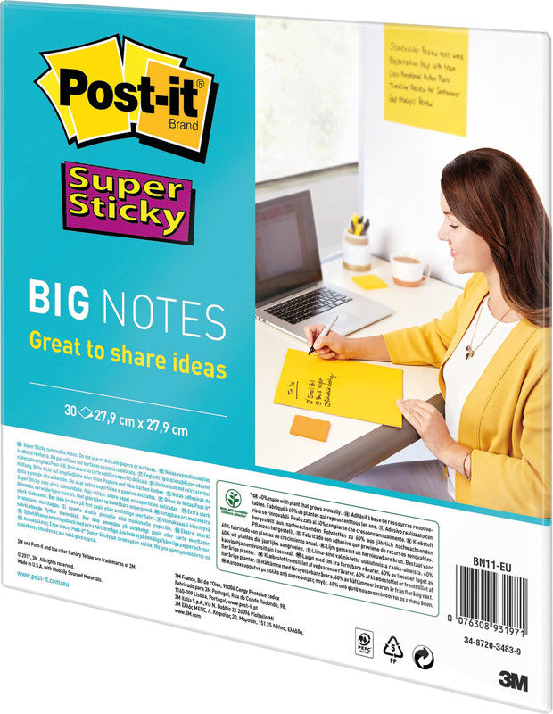 Post-it Super Sticky Haftnotizen – 279×279 mm – Gelb, 30 Blatt, PEFC