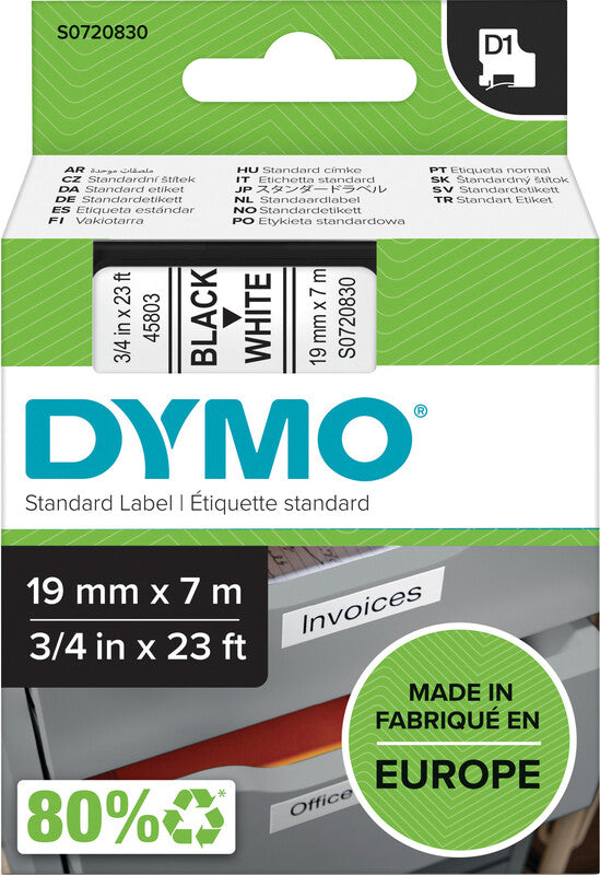 DYMO Schriftband – 19 mm × 7 m, weiss, schwarz – für LabelPoint 200, 250, 300, u. a. – D1