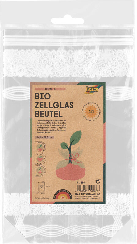 Folia Cellophantüten – Spitzen – mit Kreuzboden, kompostierbar – 145 × 235 mm – 10 Stk.