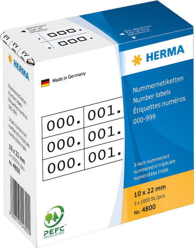 HERMA Nummernetiketten – rechteckig 10 × 22 mm, permanent, weiss/schwarz, Papier, 3 Rollen (3'000 Stk.)