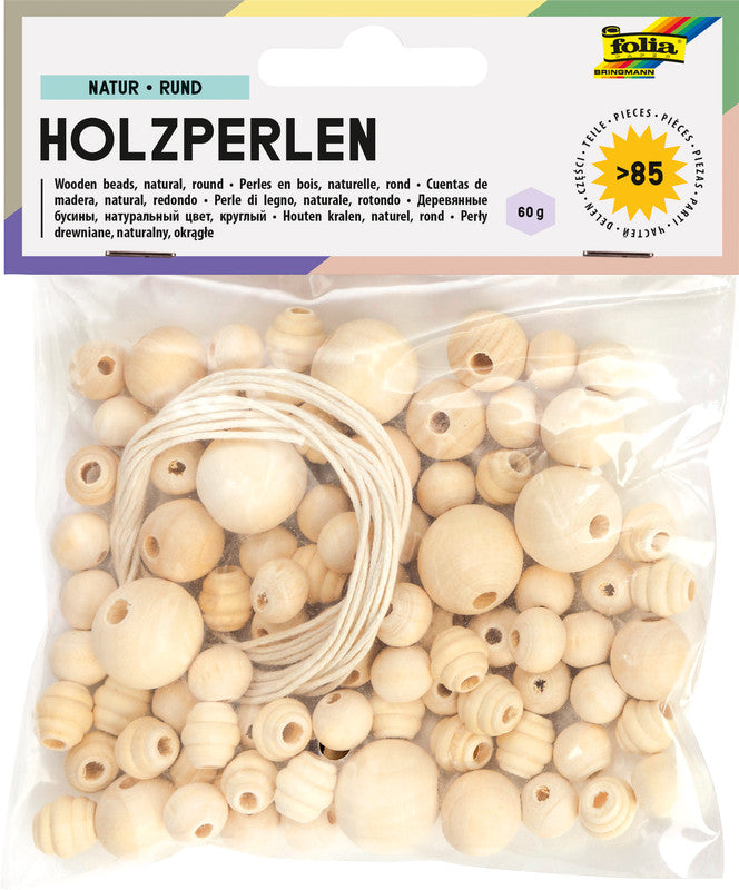 Folia Holzperlen rund – natur, 84 Stk.