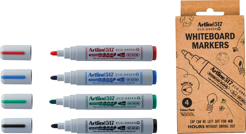 Artline Whiteboard-Marker Eco-Green EK517 – Rundspitze 3 mm – Sortiert – 4er-Set – Trocken abwischbar