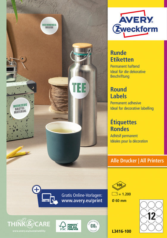 Avery Etiketten A4 Ø 60 mm – Papier – permanent haftend – Laser/Inkjet – 12 pro Blatt, 100 Blätter (1'200 Stk.)
