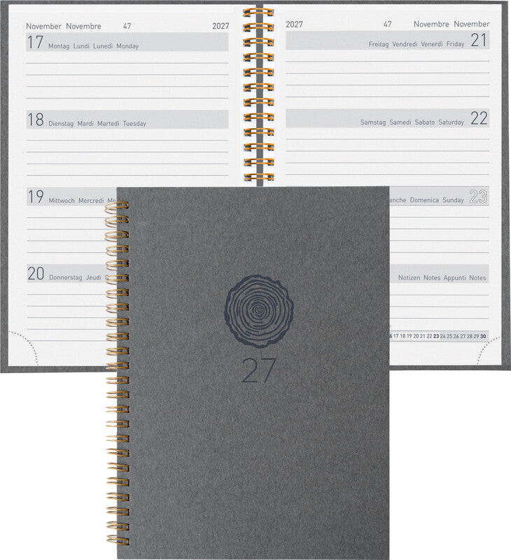 Biella Memento Agenda – 1 Woche/2 Seiten, Wire-O, 10,1 × 14,2 cm, Jan–Dez 2027, Dunkelgrau