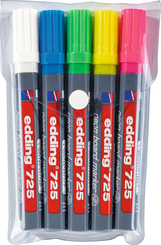 Edding Kreidemarker 725 – Keilspitze, 2–5 mm – 5er-Set, Farben sortiert (weiss, neongelb, neonblau, …)