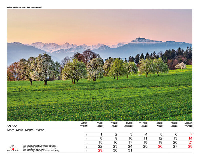 Calendaria Swiss Panorama – Bildkalender Schweiz 2027 – 40 × 31 cm – Kalendarium d/f/i/e
