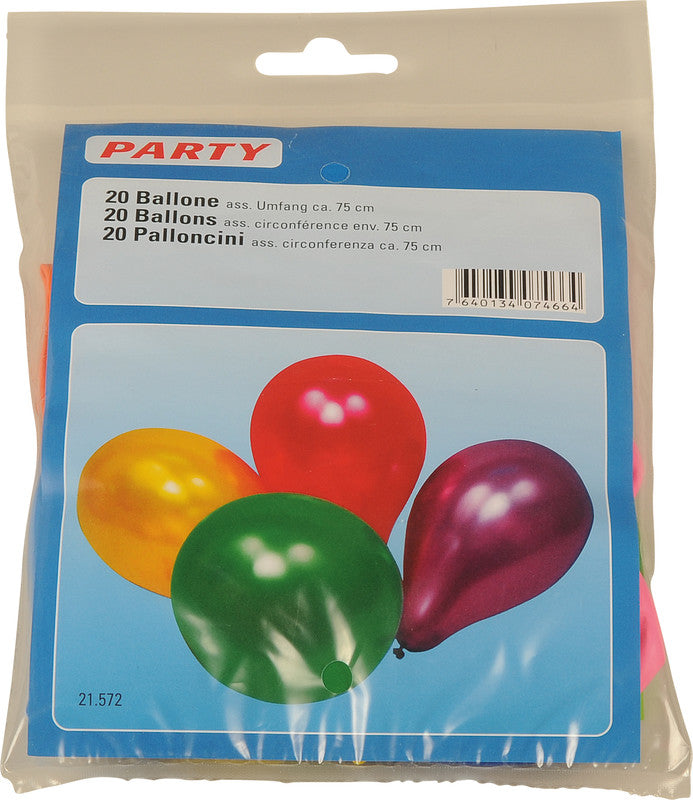 Party Ballons aus Kautschuk, farbig sortiert, Umfang 750 mm, 20 Stück