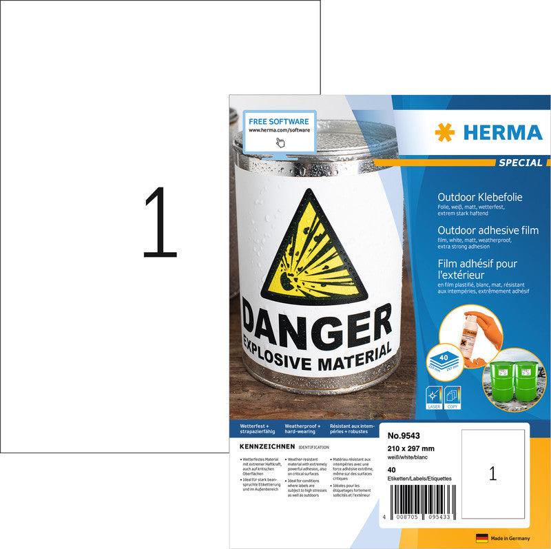 HERMA Etiketten, 210 mm × 297 mm, weiss, Folie, extra stark, 40 Blatt