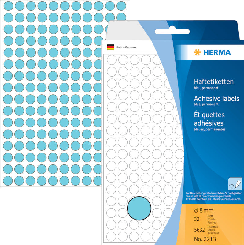HERMA Haftetiketten – rund Ø 8 mm, permanent, blau, Bogen 111 × 170 mm, 32 Blatt (5'632 Stk.)