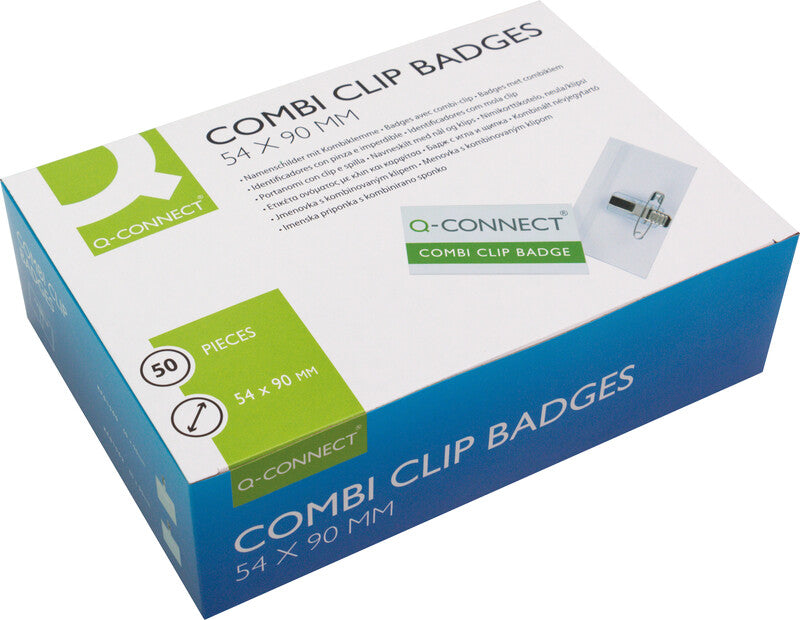 Q-CONNECT Namensschild – 90 × 54 mm, transparent, Kunststoff, Kombiklemme – 50 Stk