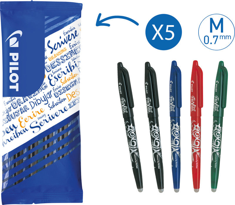 Pilot FriXion Ball – Radierbarer Tintenroller-Set mit Kappe, 0,7 mm, farbig sortiert, 5er Beutel
