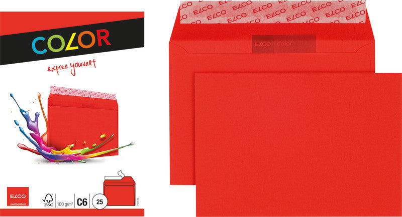 Elco Couvert C6, ohne Fenster, selbstklebend, intensivrot, 100 g/m² – 25 Stk.