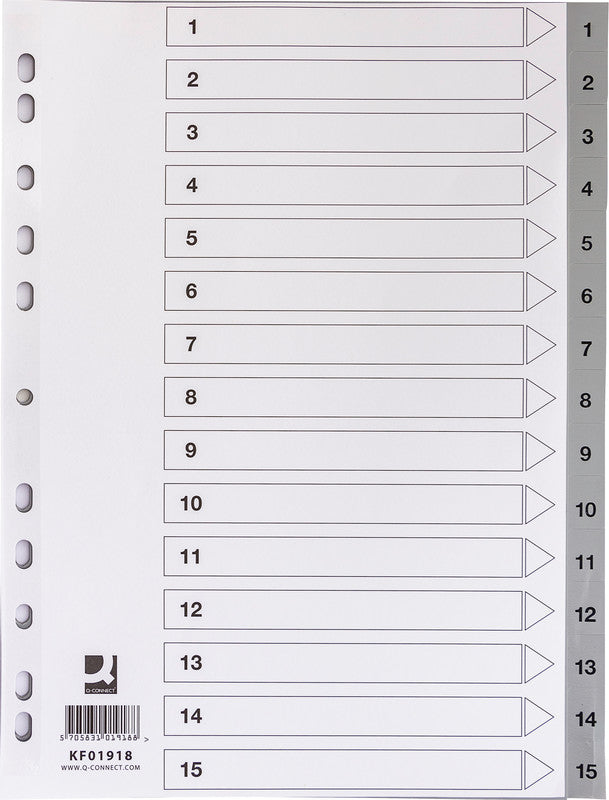 Q-connect Register – A4, 15-teilig, Kunststoff, grau, vorgedruckt, mit Indexblatt, 11-fach Lochung
