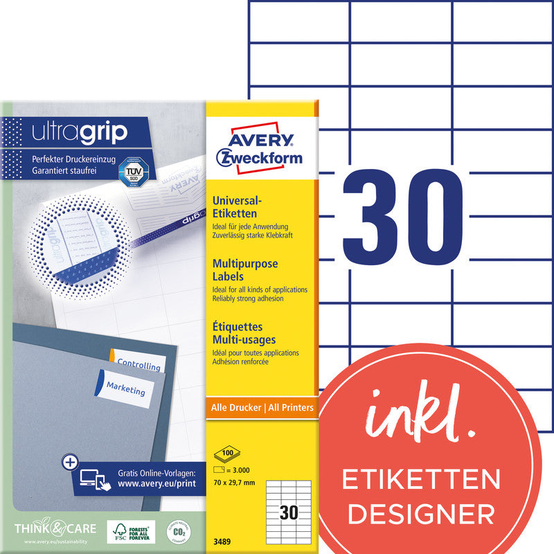 Avery Druckeretiketten, 70 mm × 30 mm, weiss, Papier, permanent, 100 Blatt (3000 Etiketten)