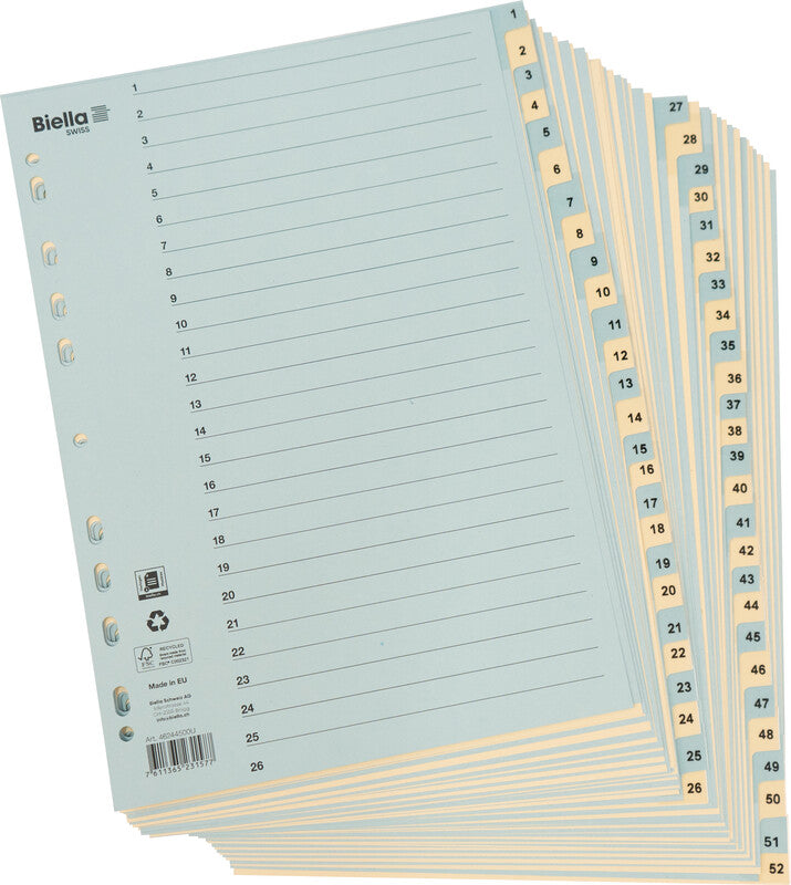 Biella Register – A4, Karton, farbig, vorgedruckt, 11-fach Lochung, mit Indexblatt