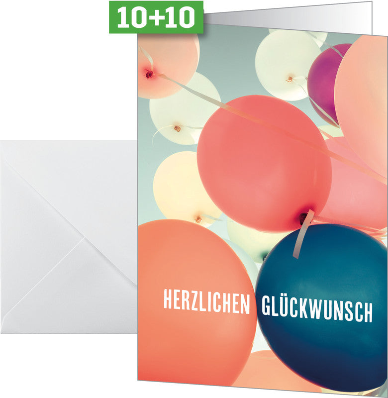 Sigel Grusskarte Balloons – A6 (105 × 148 mm) – mit Umschlägen, deutscher Text, Edelkarton, 10er Pack