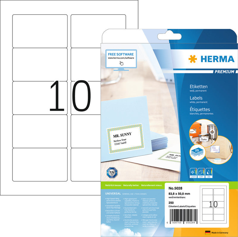 HERMA Etiketten auf Blatt, 84 mm × 51 mm, weiss, Papier, permanent, 25 Blätter (250 Etiketten)
