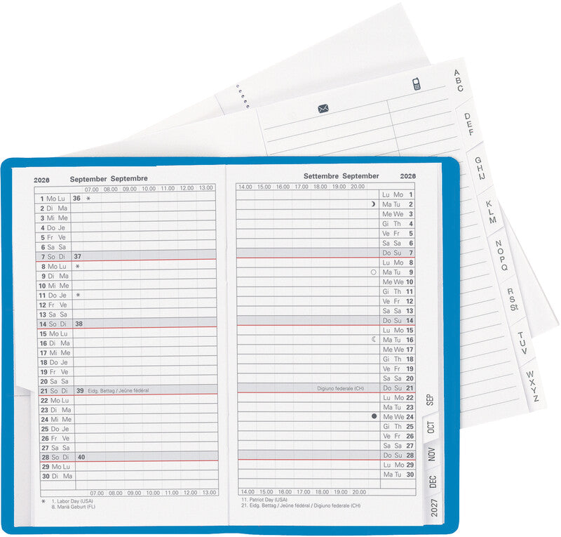Biella Planer Paris Agenda – 1 Monat/2 Seiten, geheftet, 7,5 × 12,6 cm, 15 Monate Okt–Dez, blau, PEFC