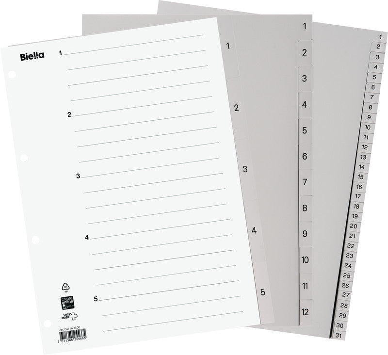 Biella Register – A4, 6-teilig, PP, hellgrau, vorgedruckt, 11-fach gelocht, mit Indexblatt, für A4