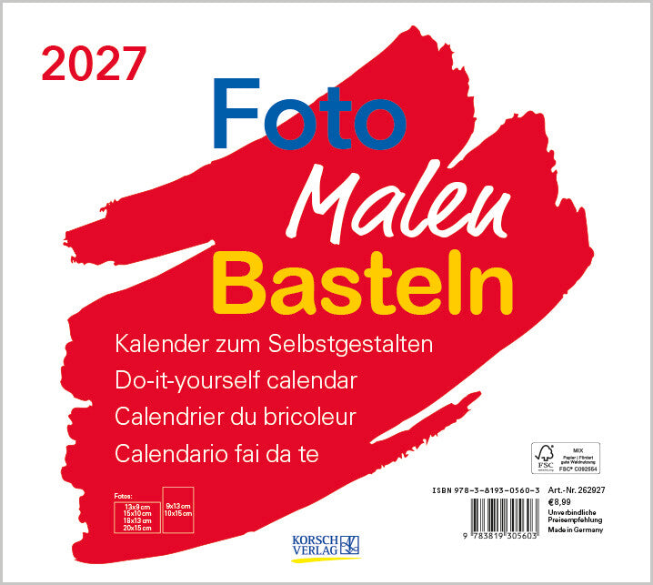 Korsch Bastelkalender Foto Malen Basteln 2027 – 24 × 21,5 cm – mit Tagesfeldern, mit Aufhänger