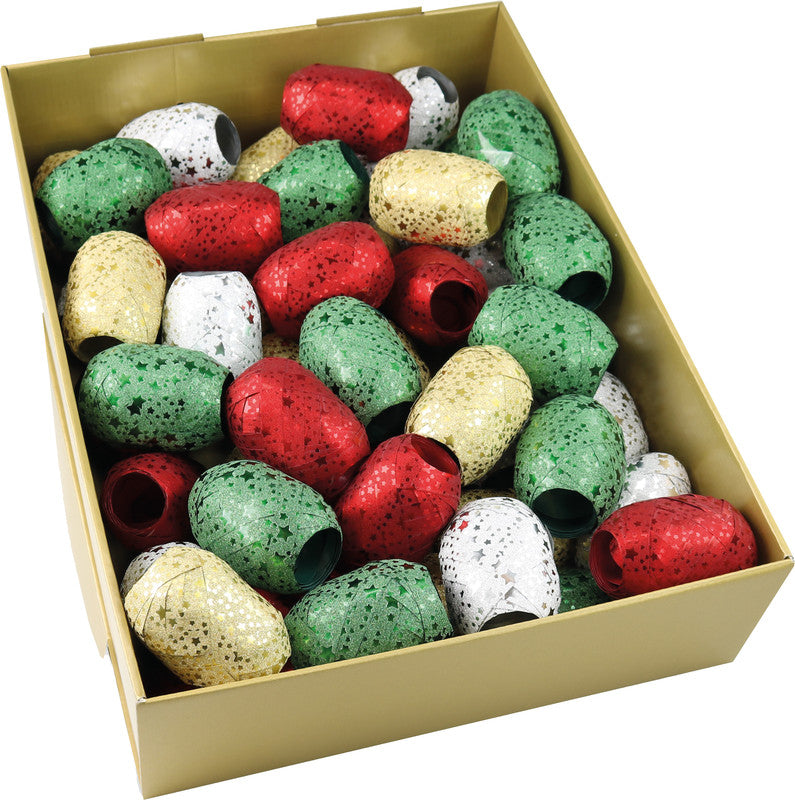 Präsent Geschenkband Knäuel – Glitter Star, Weihnachten – 10 mm × 10 m – Kunststoff, sortiert